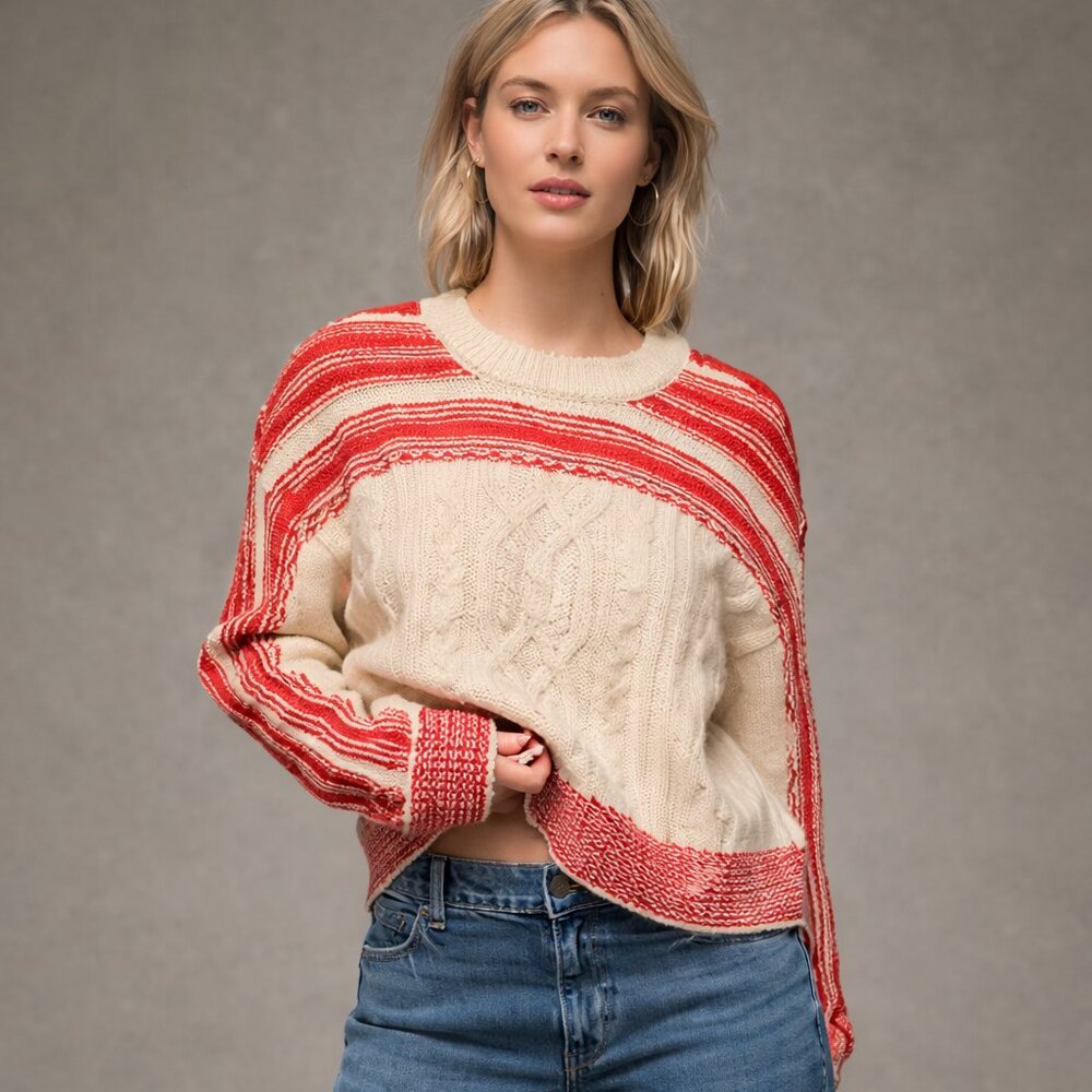 American Eagle Snow Stopper Cropped Sweater Cream Red Stripe NWT M